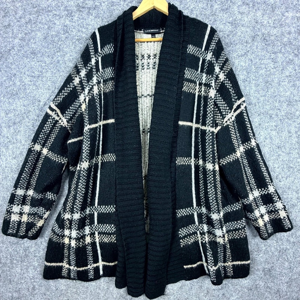 Lane Bryant Cardigan Sweater Womens 26/28 Black White Plaid Knit Open Front
